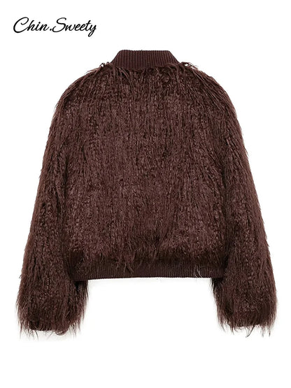 Fashion Burgundy Fur Coats Women Warm Thick O-neck Long Sleeve Loose Jackets Female 2025 Autumn Winter Party Outwear