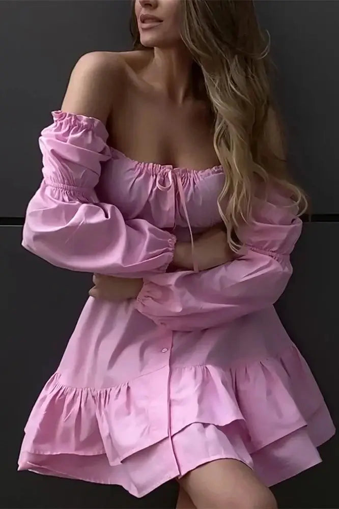 Patchwork Ruffled Mini Dress with Lace-Up Detail