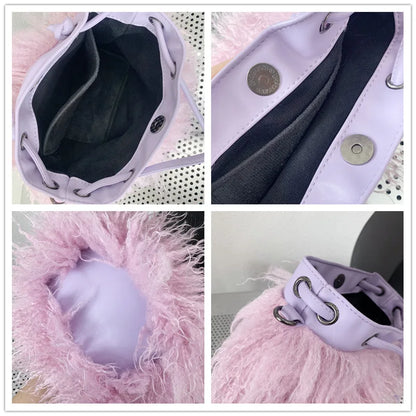 Luxury Colorful Tassels Furry Drawstring Bucket Bag Women Plush Handbag Harajuku Street Punk Y2k Hot Girls Faux Fur Shoulder Bag