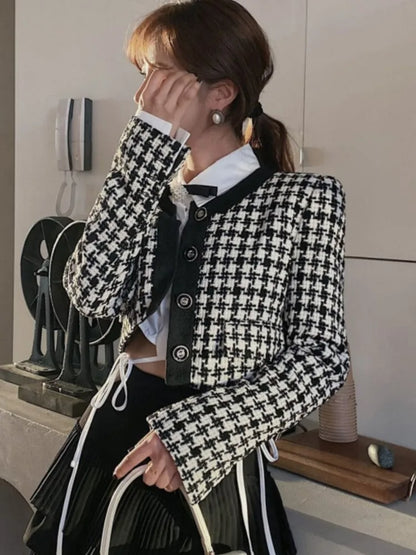 Elegant Cropped Jacket Women French Vintage Single Breasted Long Sleeve O-neck Top Autumn Y2k All-match Houndstooth Coats New