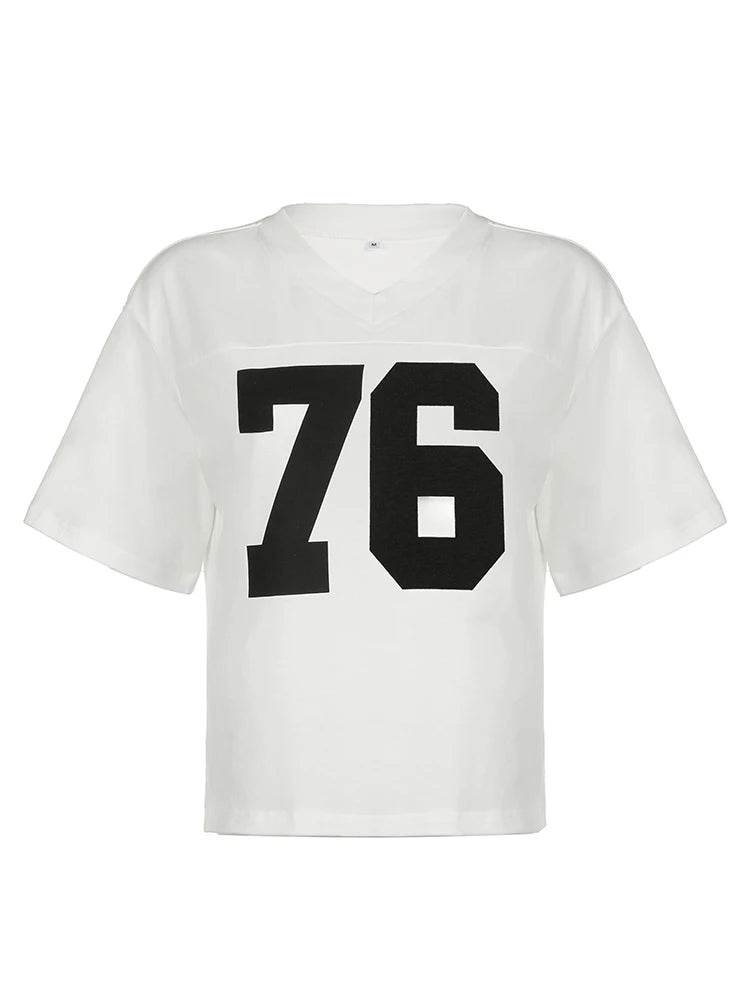 Digital Print Casual Loose White T Shirts For Women V Neck Short Sleeve Preppy Streetwear Summer Top Tees Football Jersey