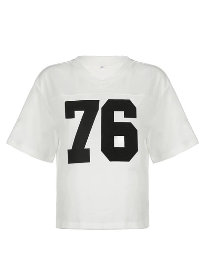 Digital Print Casual Loose White T Shirts For Women V Neck Short Sleeve Preppy Streetwear Summer Top Tees Football Jersey