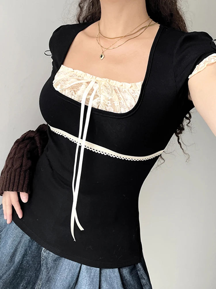Sweet Y2K Contrast Lace Patchwork Square Collar Black T-Shirt Women Short Sleeve Basic Balletcore Cute Summer Tops