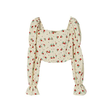 Youth Elegant Rose Floral Long sleeve Crop Blouse Top Women Korean Puff sleeve Off shoulder Shirt  New