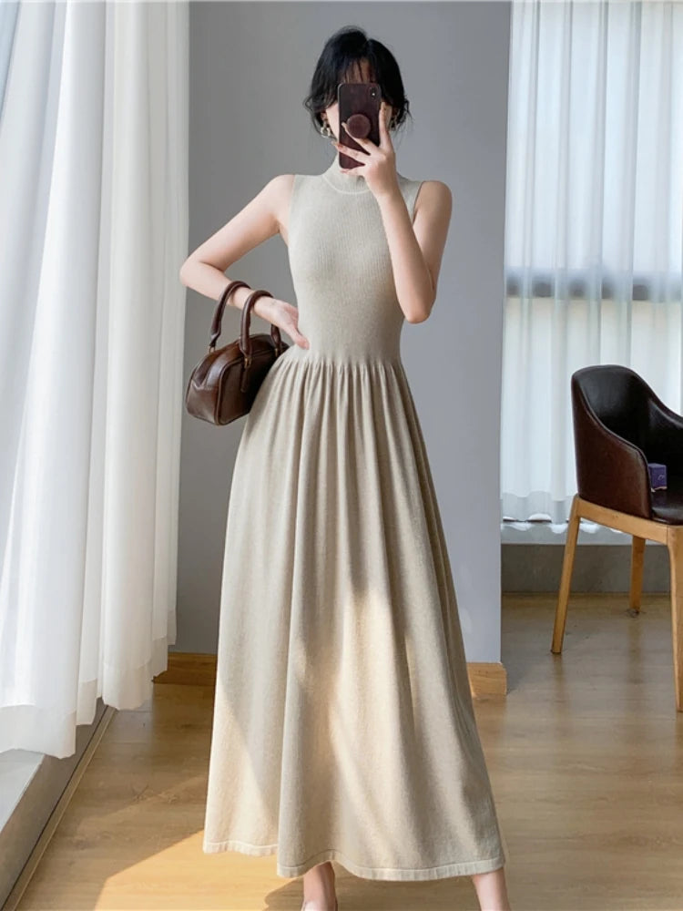 Spring Summer New Casual Elegant Sleeveless Knitted Midi Dress Slim Elegant Ladies Robe