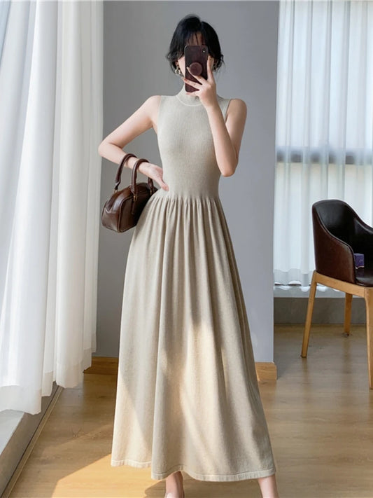 Spring Summer New Casual Elegant Sleeveless Knitted Midi Dress Slim Elegant Ladies Robe