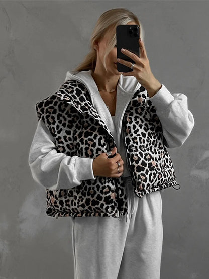 Vintage Leopard Zipper Cotton Vests Women Casual Loose Sleeveless Lapel Short Coats Female Autumn Chic Elegant Street Outwear