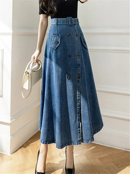2025 Women's Long Skirt With High Wasit Double Breasted Umbrella Jeans Female Skirt