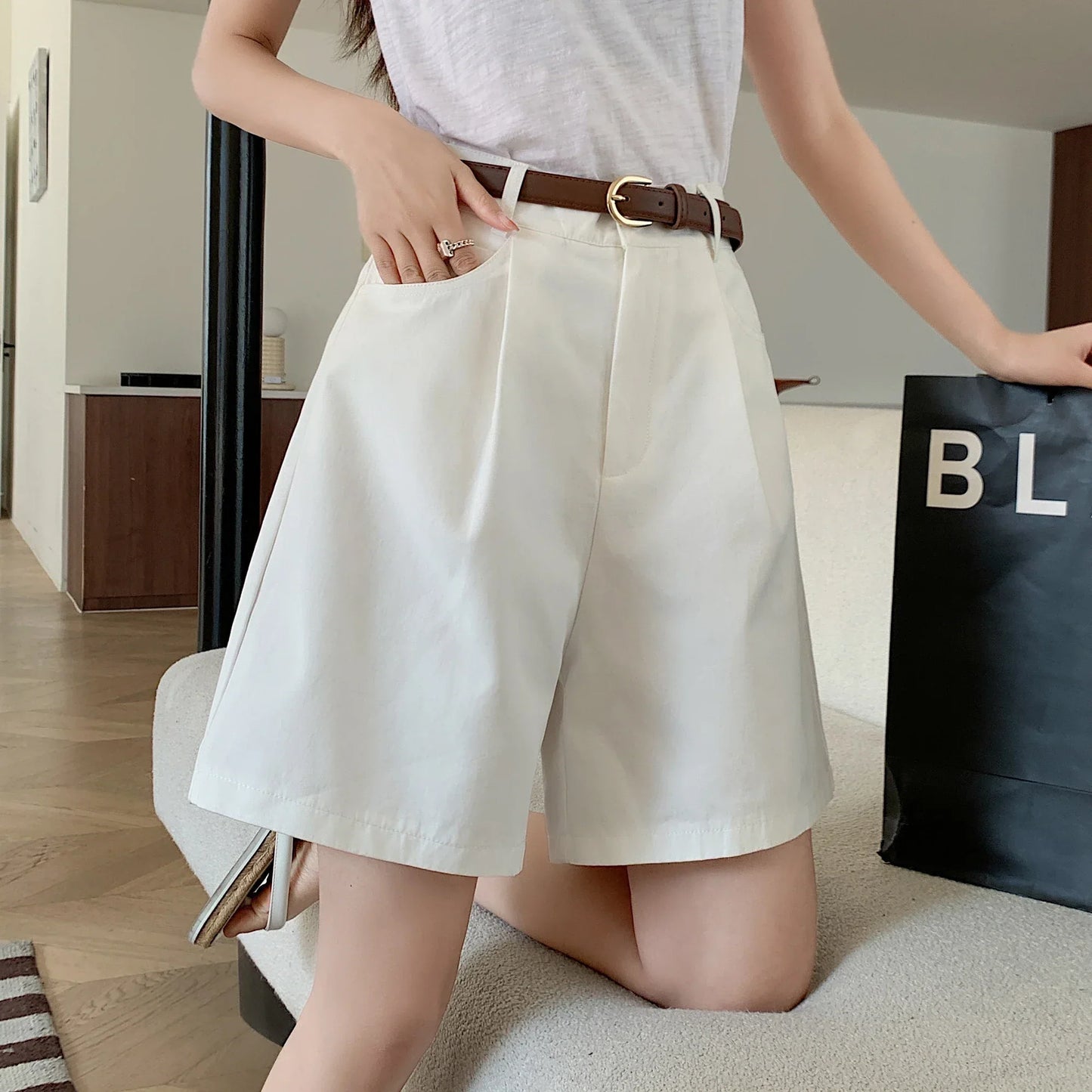 Women's Workwear Shorts High Waist Loose Casual Wide Leg Fashionable Shorts