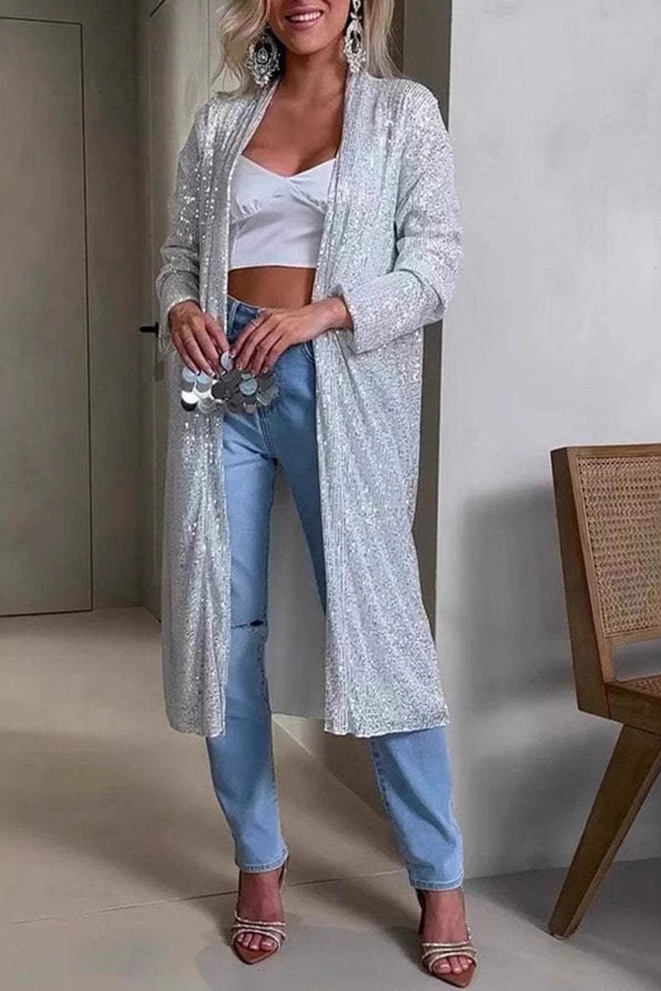 Sequin Long Sleeve Long Cardigan