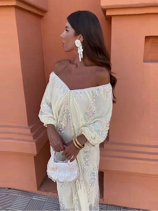 Sequins Strapless Pleated Women Slash Neck Lantern Sleeve 2025 Spring Ladies New Evening Party Vestido Midi Dress