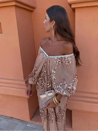 Sequins Strapless Pleated Women Slash Neck Lantern Sleeve 2025 Spring Ladies New Evening Party Vestido Midi Dress