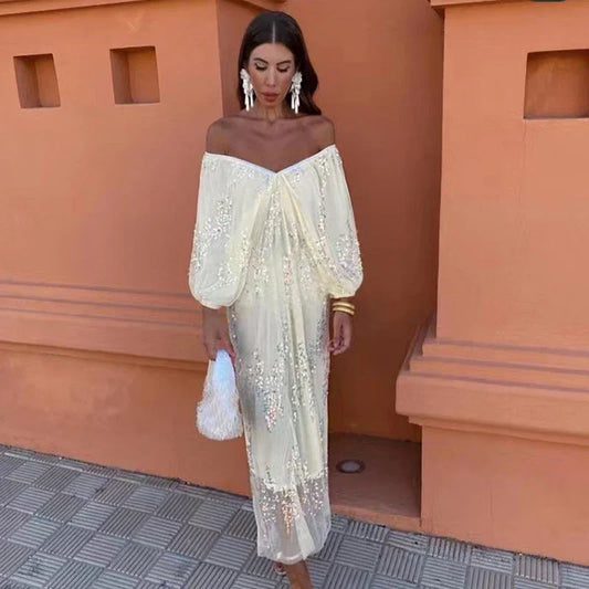Sequins Strapless Pleated Women Slash Neck Lantern Sleeve 2025 Spring Ladies New Evening Party Vestido Midi Dress