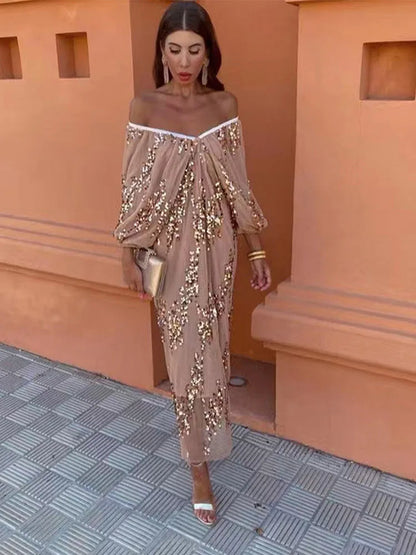Sequins Strapless Pleated Women Slash Neck Lantern Sleeve 2025 Spring Ladies New Evening Party Vestido Midi Dress
