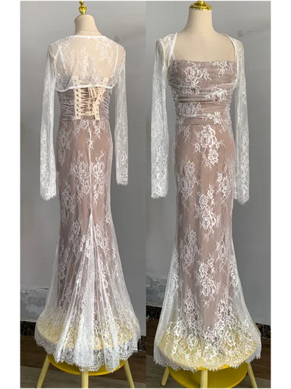 Sexy Bodycon Lace Long Dresses for Women Wedding Party Dress Spaghetti Strap with Smock French Vintage Evening Maxi Vestidos New