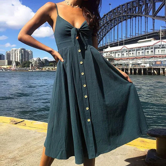 FashionSierra - Bow Polka Dots Print Beach Summer Women 2025 Cotton Deep V Neck Buttons Red White Off Shoulder Midi Dress