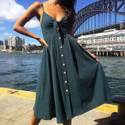 FashionSierra - Bow Polka Dots Print Beach Summer Women 2025 Cotton Deep V Neck Buttons Red White Off Shoulder Midi Dress