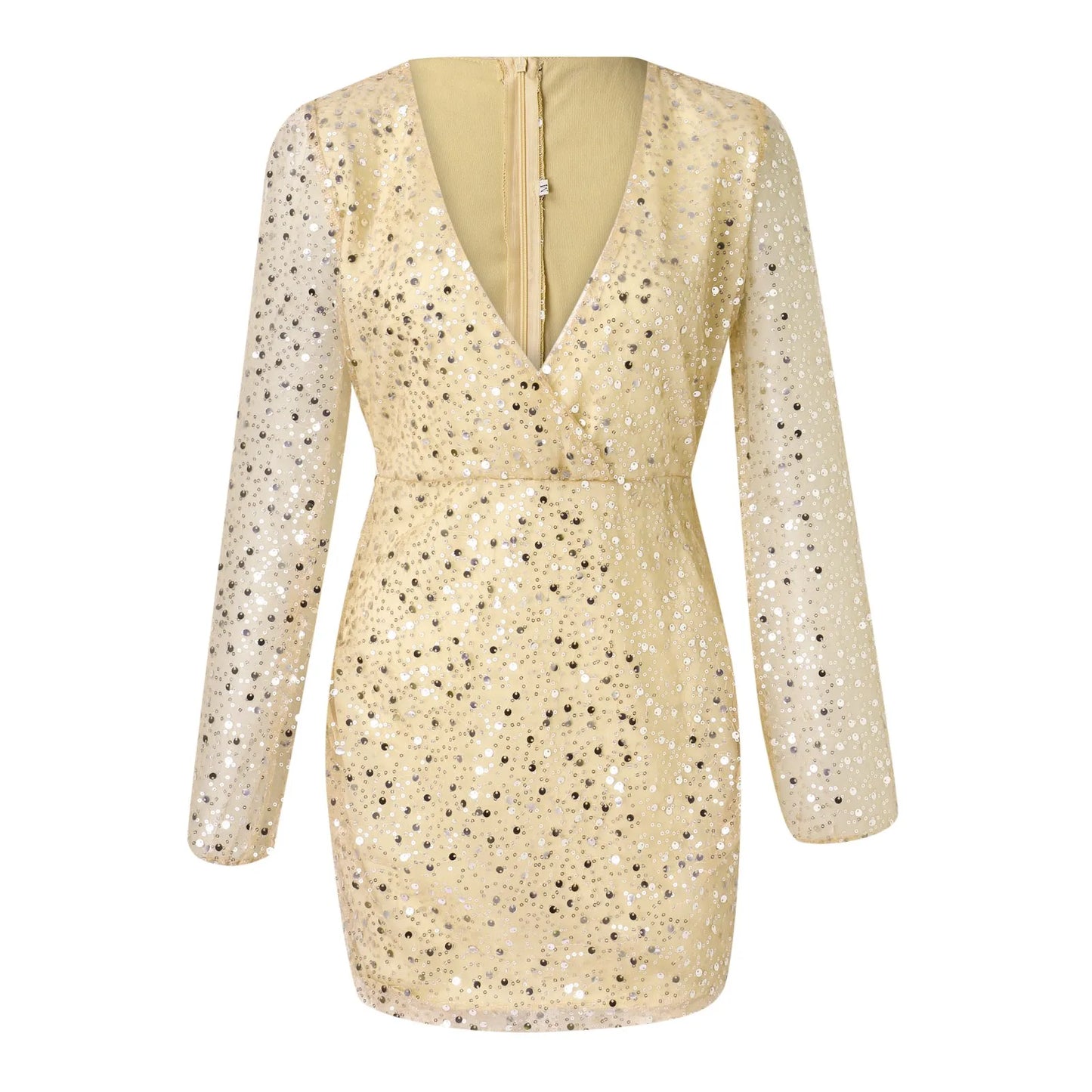 FashionSierra - Sexy Deep V Neck Sequin Women Fashion Puff Long Sleeve High Waist Slim Mini Pencil Elegant Women Party Evening Dress