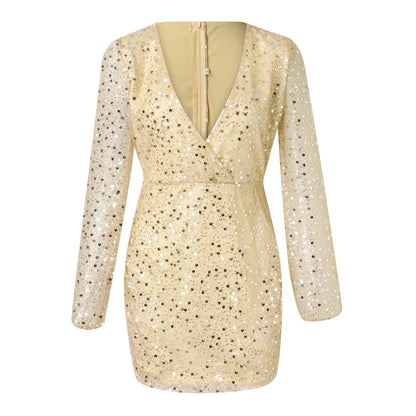 FashionSierra - Sexy Deep V Neck Sequin Women Fashion Puff Long Sleeve High Waist Slim Mini Pencil Elegant Women Party Evening Dress