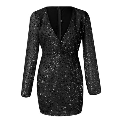 FashionSierra - Sexy Deep V Neck Sequin Women Fashion Puff Long Sleeve High Waist Slim Mini Pencil Elegant Women Party Evening Dress