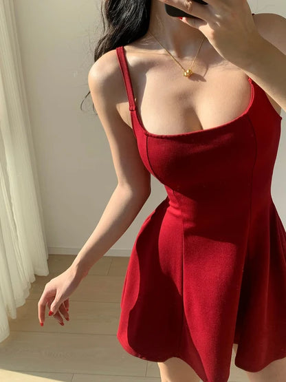 Sexy Mini Dress Women New Summer French Style Spaghetti Strap Solid A-line Backless Vocation Beach Style Y2K Club Prom Vestidos