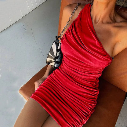 One Shoulder Summer 2025 Elegant Sleeveless Short Ruched Bodycon Mini Dress