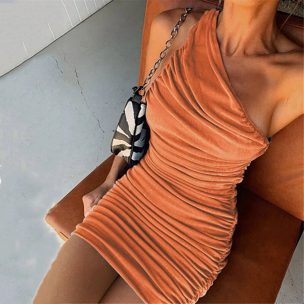 One Shoulder Summer 2025 Elegant Sleeveless Short Ruched Bodycon Mini Dress