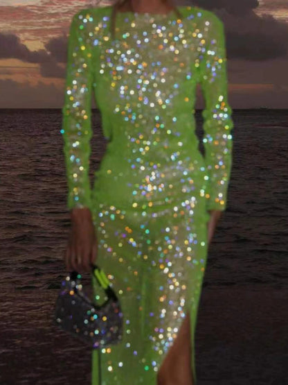 Sexy See Though Shiny Silk Dress Pink High Waist Slit Slim Fit Long Party Dresses Fashion Solid Sequins Elegant Dress for Women