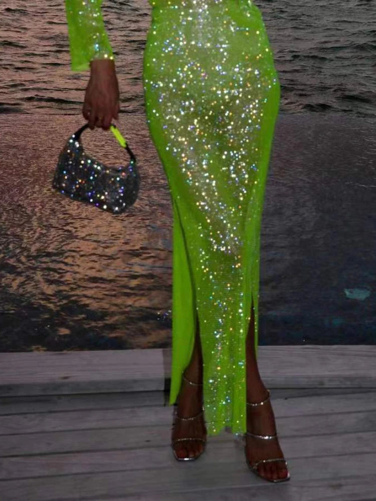 Sexy See Though Shiny Silk Dress Pink High Waist Slit Slim Fit Long Party Dresses Fashion Solid Sequins Elegant Dress for Women