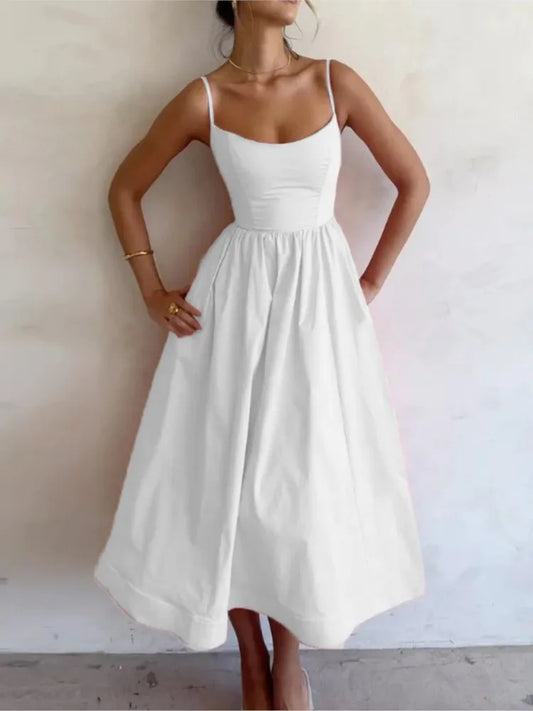 Sexy Solid Spaghetti Strap A-line Maxi Dresses Women Low Cut Sleeveless Big Skirt Dress Summer New Fashion Elegant Party Vestido