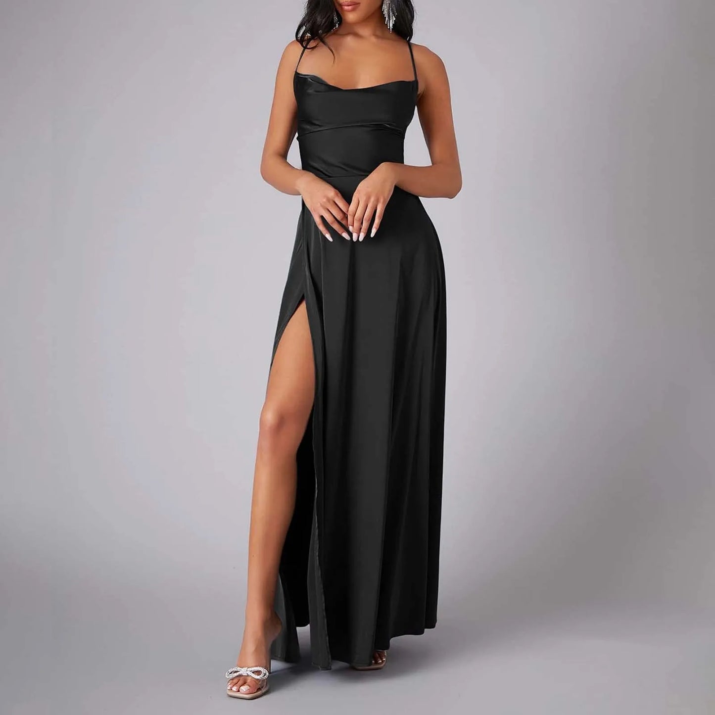 FashionSierra - Spaghetti Straps Satin Maxi High Side Slit Sexy Backless Prom Dress