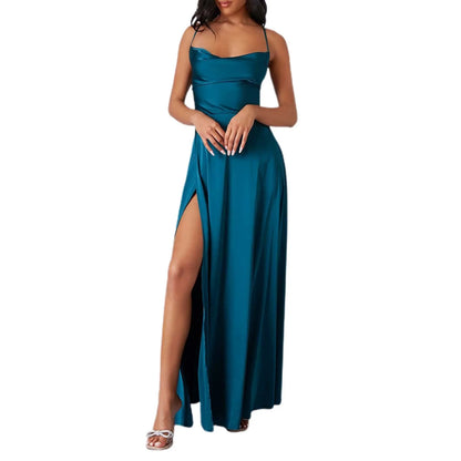 FashionSierra - Spaghetti Straps Satin Maxi High Side Slit Sexy Backless Prom Dress
