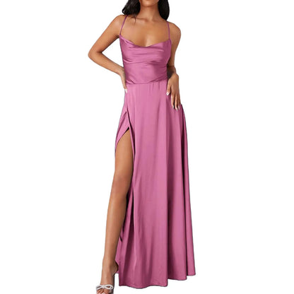 FashionSierra - Spaghetti Straps Satin Maxi High Side Slit Sexy Backless Prom Dress