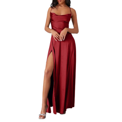 FashionSierra - Spaghetti Straps Satin Maxi High Side Slit Sexy Backless Prom Dress