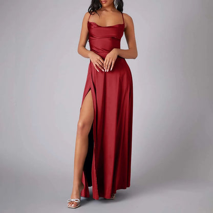 FashionSierra - Spaghetti Straps Satin Maxi High Side Slit Sexy Backless Prom Dress