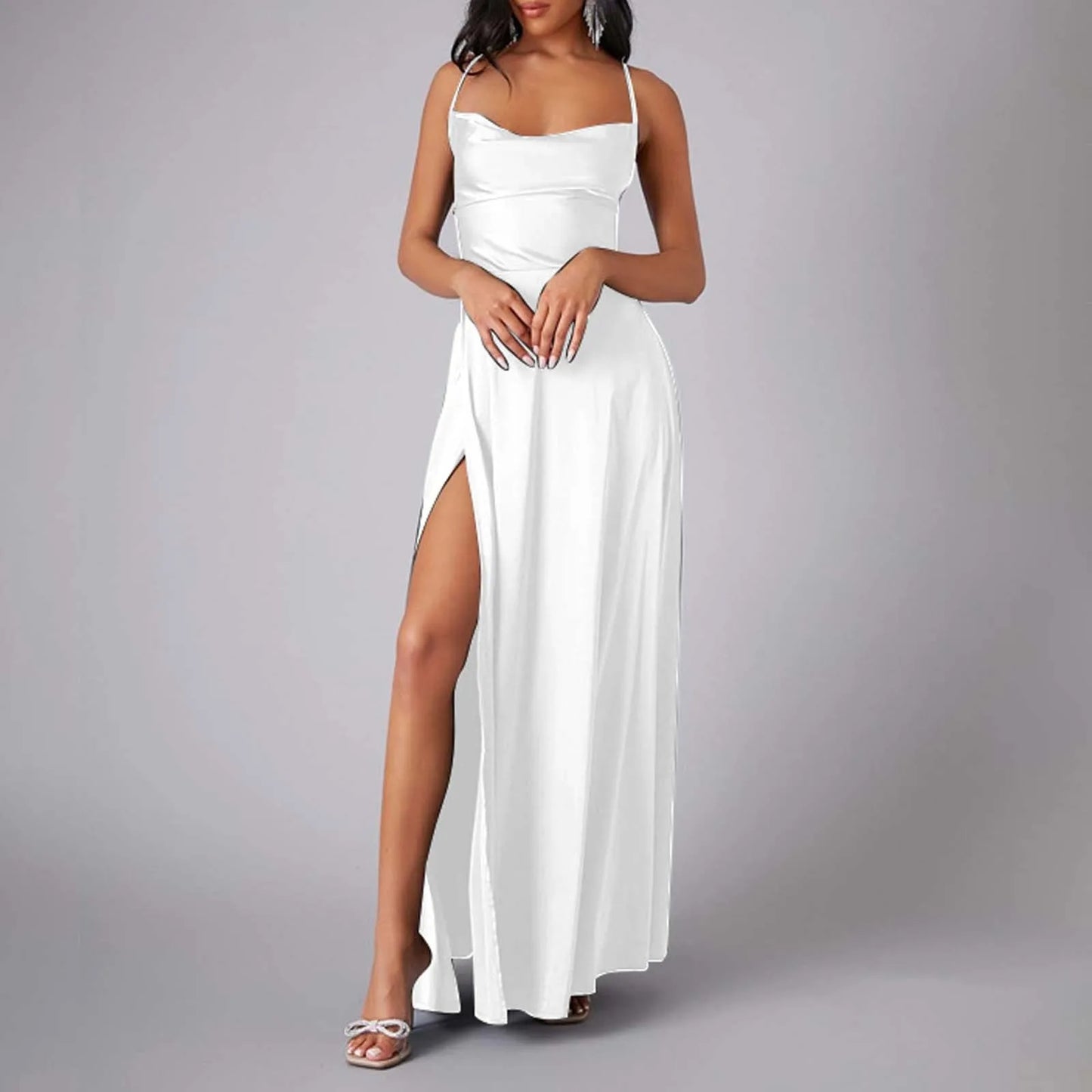FashionSierra - Spaghetti Straps Satin Maxi High Side Slit Sexy Backless Prom Dress
