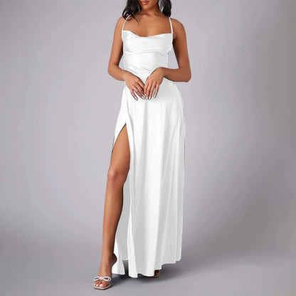 FashionSierra - Spaghetti Straps Satin Maxi High Side Slit Sexy Backless Prom Dress