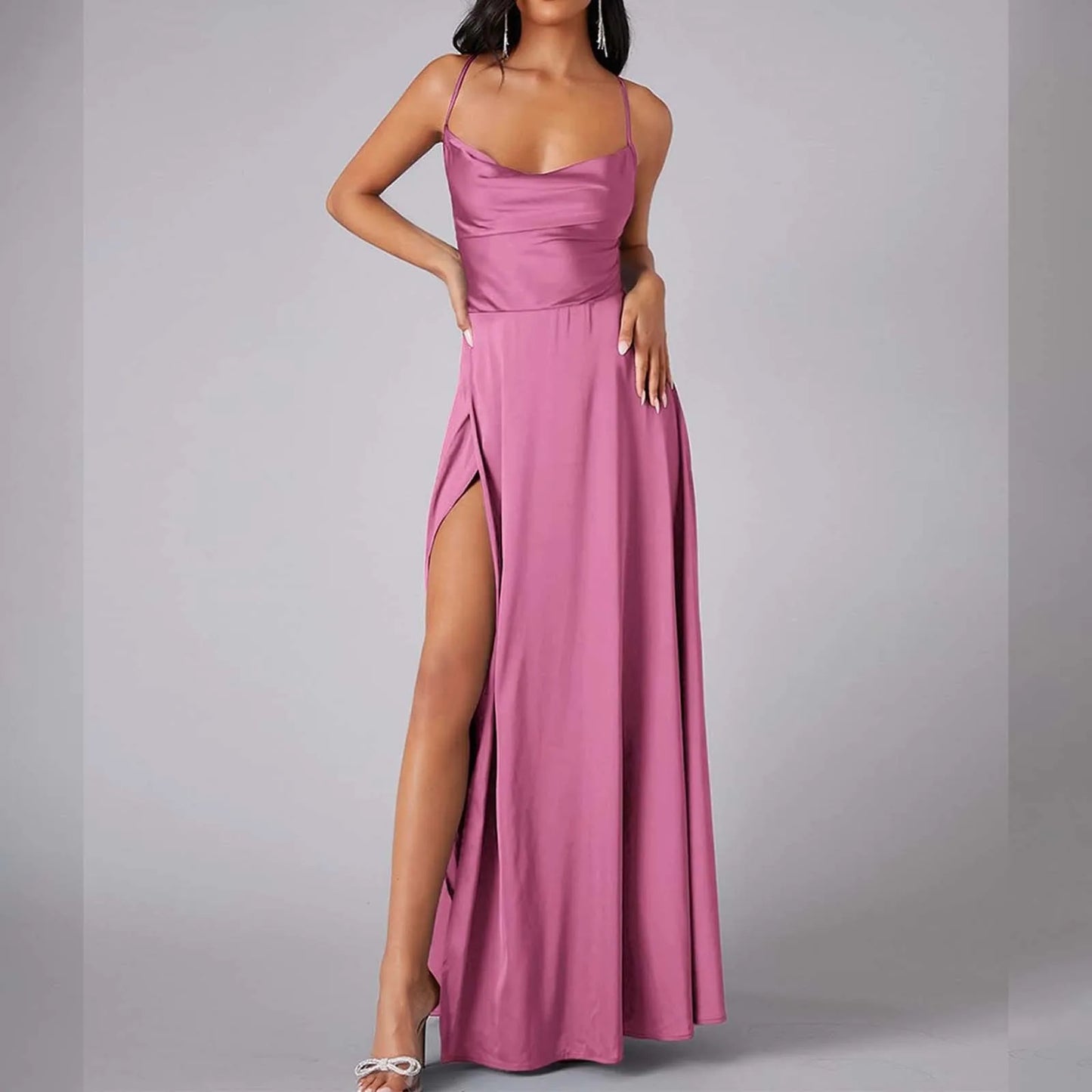 FashionSierra - Spaghetti Straps Satin Maxi High Side Slit Sexy Backless Prom Dress