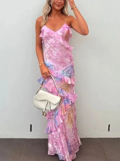 Sexy V-neck Backless Sleeveless Long Dresses Fashionable High Waist Slim Party Dress 2025 Elegant Print Women&#8217;s Evening Dress