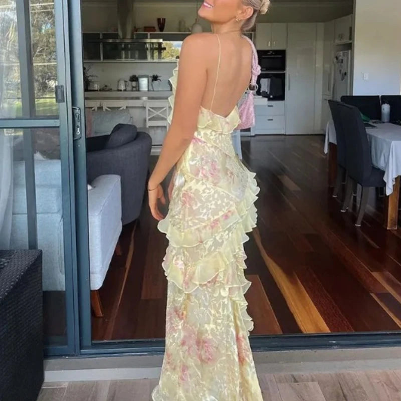 Sexy V-neck Backless Sleeveless Long Dresses Fashionable High Waist Slim Party Dress 2025 Elegant Print Women&#8217;s Evening Dress