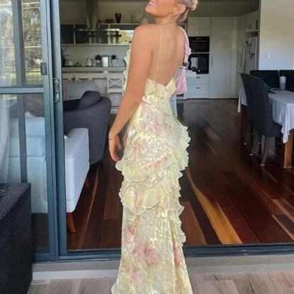 Sexy V-neck Backless Sleeveless Long Dresses Fashionable High Waist Slim Party Dress 2025 Elegant Print Women&#8217;s Evening Dress