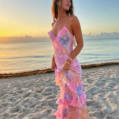 Sexy V-neck Backless Sleeveless Long Dresses Fashionable High Waist Slim Party Dress 2025 Elegant Print Women&#8217;s Evening Dress