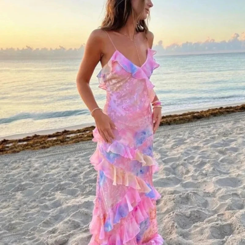 Sexy V-neck Backless Sleeveless Long Dresses Fashionable High Waist Slim Party Dress 2025 Elegant Print Women&#8217;s Evening Dress