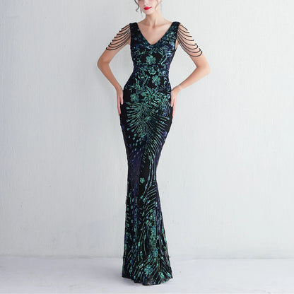 Sexy V-neck Sleeveless Dress with Stones and Crystals Fashion Sequins Tassel Elegant Women Party Dresses High Waisted Long Dress
