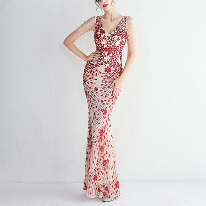 Sexy V-neck Sleeveless Dress with Stones and Crystals Fashion Sequins Tassel Elegant Women Party Dresses High Waisted Long Dress