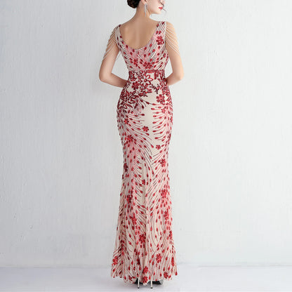 Sexy V-neck Sleeveless Dress with Stones and Crystals Fashion Sequins Tassel Elegant Women Party Dresses High Waisted Long Dress
