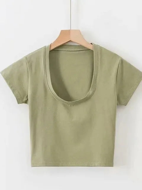 Sexy Women Short Sleeve U-Neck Gray Tee Tank Tops Female Solid Black/White Korean Crop Tops Y2k Summer Slim Sports Vest