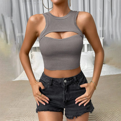 Women Skinny Streetwear Knitted Crop Fashion Solid Sleeveless Hollow Out Ladies Club Cami Top
