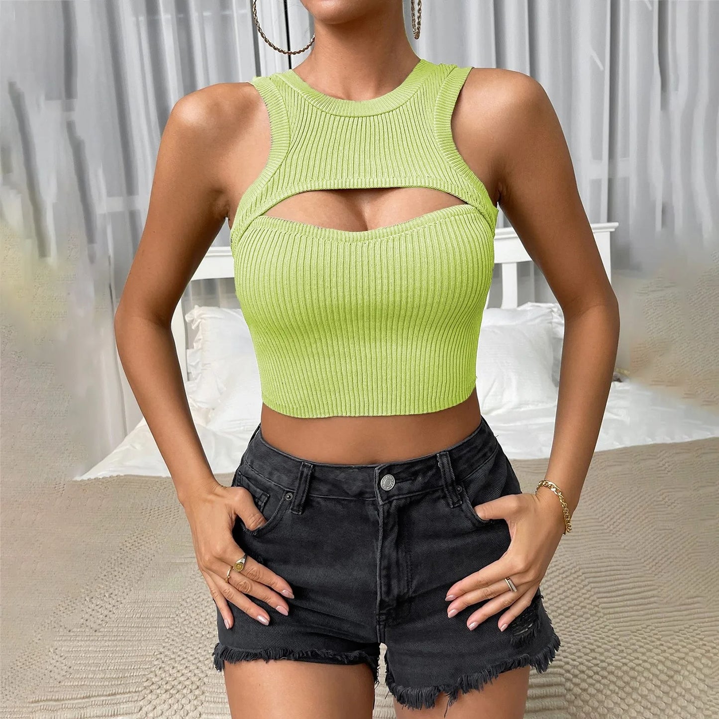 Women Skinny Streetwear Knitted Crop Fashion Solid Sleeveless Hollow Out Ladies Club Cami Top
