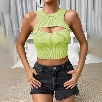 Women Skinny Streetwear Knitted Crop Fashion Solid Sleeveless Hollow Out Ladies Club Cami Top